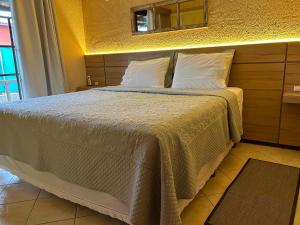 um quarto com uma cama grande e um espelho na parede em Pousada Santa Genoveva campeche em Florianópolis