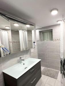 ein weißes Bad mit einem Waschbecken und einer Dusche in der Unterkunft Wohnung mit Stil im Herzen Tirols in Thaur