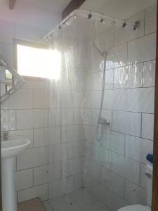 a bathroom with a shower and a sink at Casa los Boldos in Curacaví