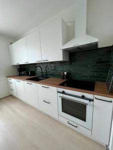 Kuchyň nebo kuchyňský kout v ubytování Ylimmän kerroksen tilava kolmio jokinäkymällä + 4 fotografie