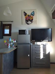 een woonkamer met een televisie en een koelkast bij appartement rénové avec une magnifique vue in Font Romeu Odeillo Via