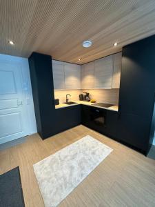 a kitchen with black cabinets and a white rug at Levi Aurora Sky in Levi