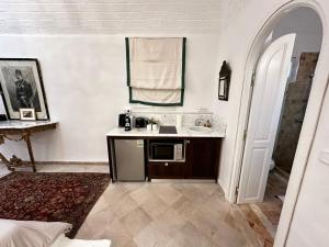 a bathroom with a sink and a microwave in it at Si Brahim studio piscine, Sidi Bou Saïd in Sidi Bou Saïd