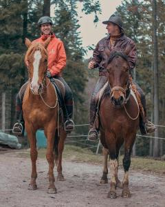 Zwei Männer reiten auf Pferden auf einer unbefestigten Straße in der Unterkunft Forest nest - your place to rest! in Borowez