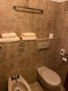 bagno con servizi igienici, lavandino e asciugamani. di Schwarzwaldblick a Triberg