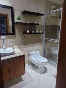 a bathroom with a toilet and a sink and a shower at hermosa casa en cuenca in Cuenca