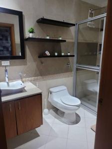 ein Bad mit einem WC, einem Waschbecken und einer Dusche in der Unterkunft hermosa casa en cuenca in Cuenca