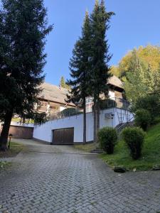 a white house with trees and a driveway at Schwarzwaldblick in Triberg