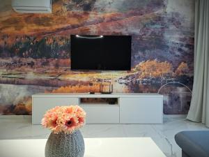 uma sala de estar com uma televisão e um vaso com uma flor em Tabáň Luxury apartment (city center & free parking) em Nitra
