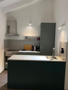 cocina con nevera verde y fregadero en Ferienhaus Auszeit mit Sauna, en Schwarz