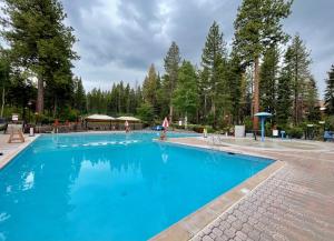 a large blue swimming pool with trees in the background at Rocky Point # 4 - 2 BR Northstar Condo, Shuttle to Slopes, HOA Amenities! in Truckee