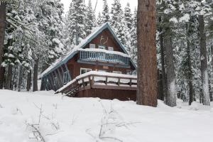 eine Hütte im Wald im Schnee in der Unterkunft Pineland Chalet in Tahoe City - Classic Cabin Wood Fireplace Dog Friendly in Tahoe City