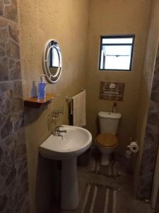 uma casa de banho com um lavatório, um WC e um espelho. em Kichaka Nyumba em Marloth Park