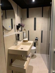 uma casa de banho com um lavatório, um WC e um espelho. em Leonardo Hotel Papendrecht em Papendrecht