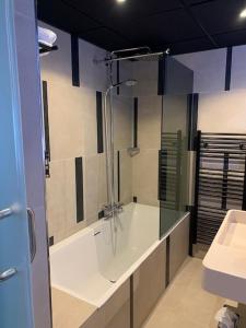 uma casa de banho com um chuveiro e um lavatório. em Leonardo Hotel Papendrecht em Papendrecht