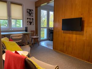 a living room with a tv on a wooden wall at Broniewskiego Centrum Konin in Konin