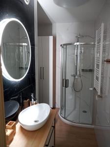 a bathroom with a sink and a shower and a mirror at Apartament Silence Green Park - Strefa SPA in Szklarska Poręba