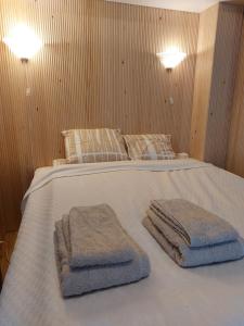 罗瓦涅米Rovaniemi traveller's nest的一间卧室，床上有一张带毛巾的床