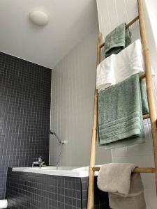 a bathroom with a towel rack next to a bath tub at Maison de ville - près de LILLE in Mouvaux
