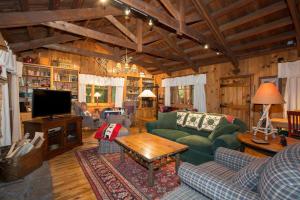 ein Wohnzimmer mit einem grünen Sofa und einem Fernseher in der Unterkunft Ward Creek Retreat - Cozy Old Tahoe Cabin w Short Drive to Ski Resorts Pet Friendly in Tahoe City