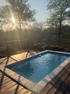 uma piscina num deque de madeira com o sol a brilhar em Kichaka Nyumba em Marloth Park