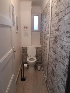 La salle de bains est pourvue de toilettes et d'un mur en pierre. dans l'établissement Verdun 228 Insolite, à Chambéry