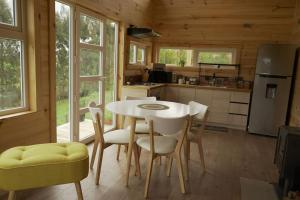 a kitchen with a table and chairs in a cabin at Cabaña Loft Pukara a 15 min de Puerto Varas in Puerto Varas