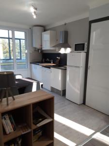 cocina con electrodomésticos blancos y nevera blanca en Verdun 228 Insolite, en Chambéry