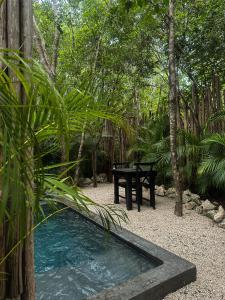 a picnic table and a pool of water in a garden at Hotel Bardo - Adults Only in Tulum
