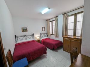 sypialnia z 2 łóżkami, biurkiem i oknami w obiekcie Pensión Ciudad Navarro Ramos w Grenadzie