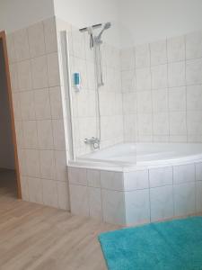 a bathroom with a tub and a blue rug at Zur Altstadt in Plauen +9 photos