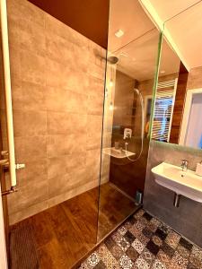 a bathroom with a shower and a sink at Katowice City Centre III in Katowice