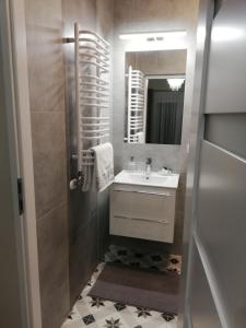 ein Bad mit einem Waschbecken und einem Spiegel in der Unterkunft Noclegi Pod Lasem in Krakau