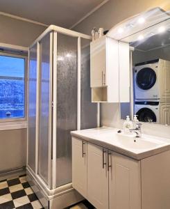 a bathroom with a sink and a shower at Koselig leilighet med fantastisk utsikt in Tromsø