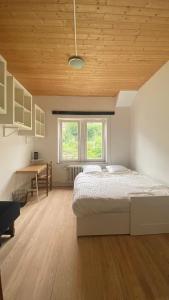 a bedroom with a bed and a desk in it at Studio vue sur Meuse in Namur