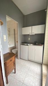 a kitchen with a sink and a toilet in a room at Studio vue sur Meuse in Namur