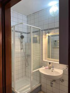 a bathroom with a shower and a sink at Becehegyi Vendégház in Balatongyörök
