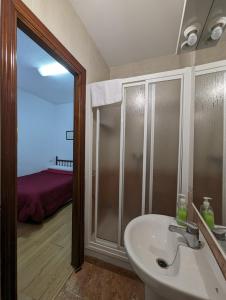 łazienka z umywalką i prysznicem z łóżkiem w obiekcie Pensión Ciudad Navarro Ramos w Grenadzie
