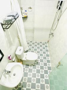 een badkamer met een toilet, een wastafel en een douche bij Cozy & Quiet 1BR Oasis in the heart of Ho Chi Minh City in Ho Chi Minh-stad