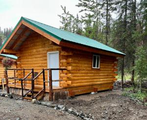 Cabaña de madera con puerta blanca y techo verde en Carlo Creek Cabins, en McKinley Park