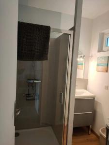 a shower with a glass door in a bathroom at La p'tite Maison de Mimi in Fontaine-le-Dun
