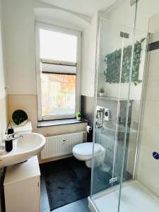 ein Bad mit einer Dusche, einem WC und einem Waschbecken in der Unterkunft SH-Apartment Petra *zentral & stilvoll* in Erfurt