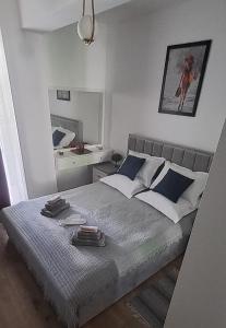 um quarto com uma cama grande e um espelho em Imperium Residence em Sfîntu Ilie