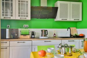 eine Küche mit grünen Wänden und weißen Schränken in der Unterkunft CHALET CAMPAGNE Les Belles Ouvrières in Clermont-Créans