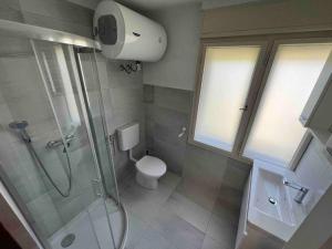 a bathroom with a glass shower and a toilet at Tiny Bled house in Bled +10 photos