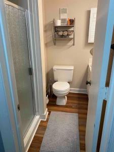 a bathroom with a toilet and a walk in shower at Comfy Condo With Amazing View of Gatlinburg and the Smokies in Gatlinburg