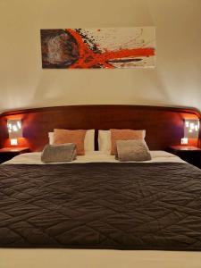 ein Schlafzimmer mit einem großen Bett mit zwei Kissen in der Unterkunft Tempo Hôtel in Millau