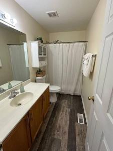 a bathroom with a sink and a toilet and a mirror at Family home on fescue in Aurora