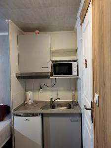 uma pequena cozinha com um lavatório e um micro-ondas em STUDIO ENTRE PARIS et DISNEY 1 em Torcy