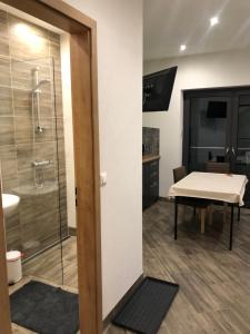 a bathroom with a shower and a sink and a table at Ferienwohnung Zeitler in Treuen
